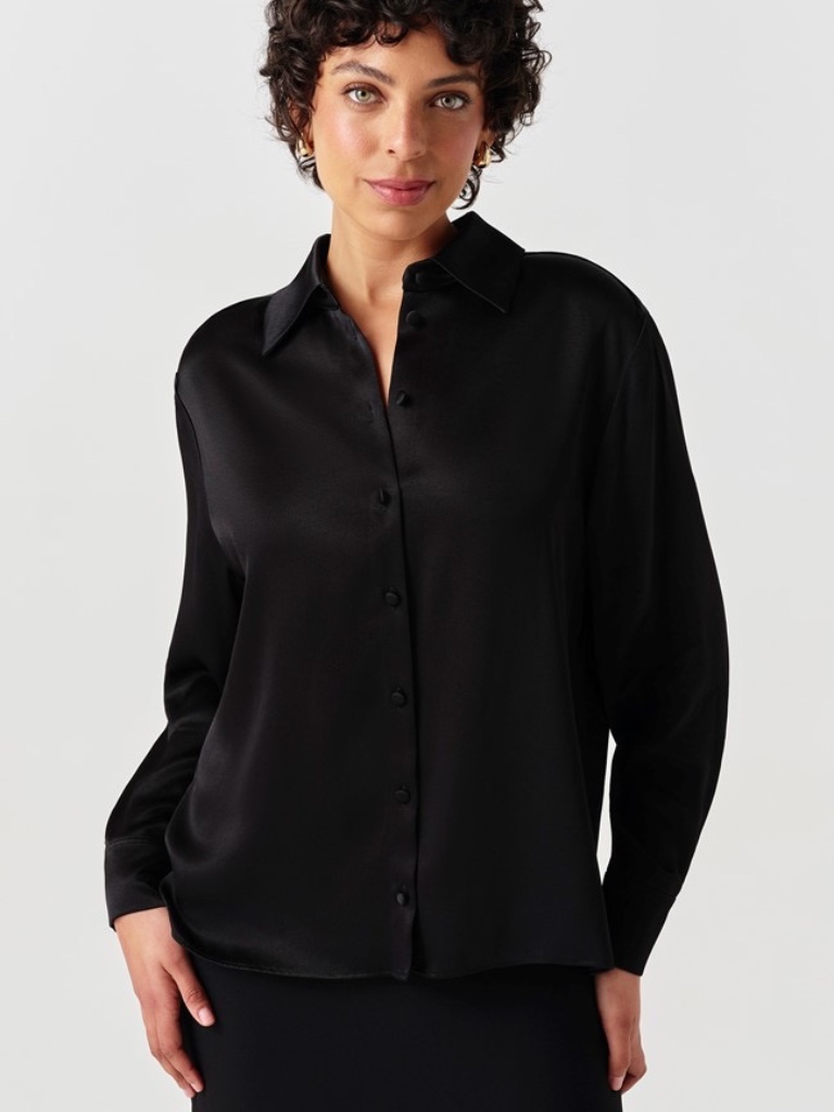 Ghost London Esther Button Up Satin Shirt In Black S Nwot Msrp $155
